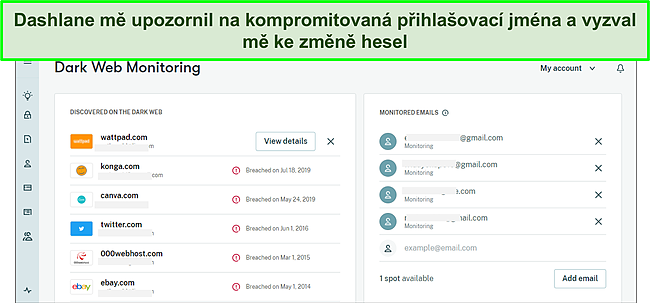 Snímek obrazovky tmavého webového monitoru Dashlane.