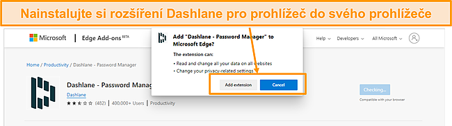 Snímek obrazovky instalace rozšíření prohlížeče Dashlane.