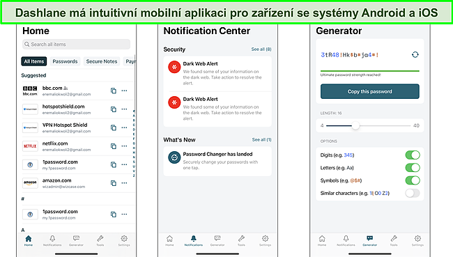 Snímek obrazovky rozhraní mobilní aplikace Dashlane.