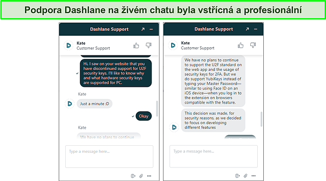 Snímek obrazovky podpory živého chatu Dashlane.