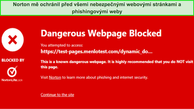 Snímek obrazovky rozšíření prohlížeče Norton Safe Web, které blokuje škodlivý web