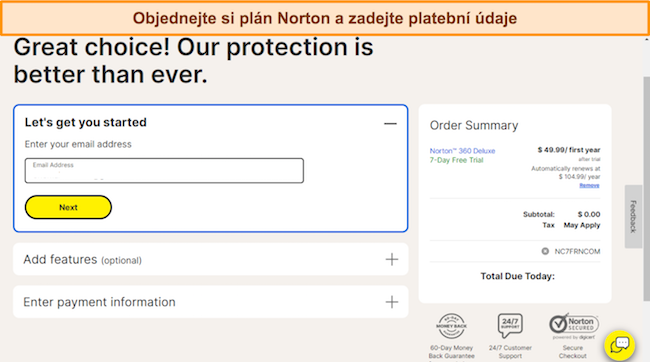Snímek obrazovky přihlašovací stránky Norton