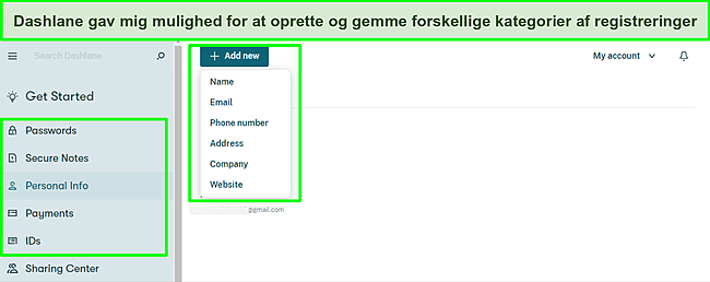 Skærmbillede af tilføjelse af personlige optegnelser til min Dashlane-boks.