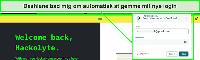 Skærmbillede af Dashlane-funktionen til automatisk lagring i brug.