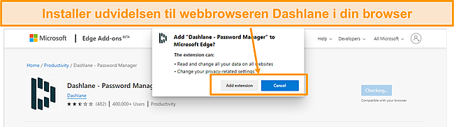 Skærmbillede af installation af Dashlane browserudvidelse.