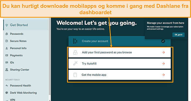 Skærmbillede af Dashlane onboarding-side.