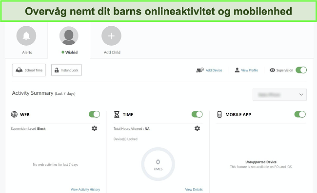 Skærmbillede af Nortons forældrekontrolpanel