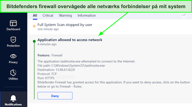 Skærmbillede, der viser Bitdefenders firewall, der tillader en forbindelse