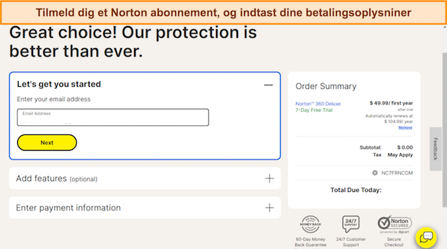 Skærmbillede af Nortons tilmeldingsside