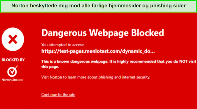 Skærmbillede af Norton Safe Web-browserudvidelse, der blokerer et ondsindet websted