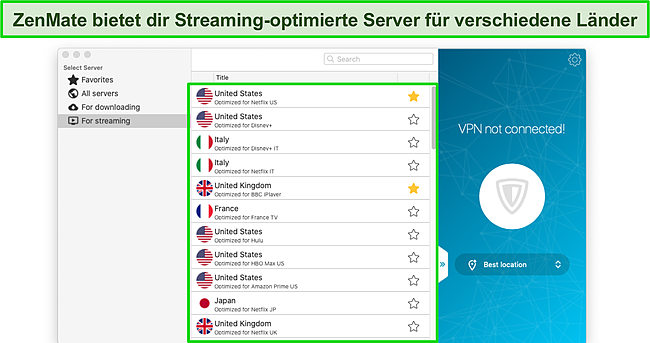 Screenshot der Streaming-optimierten Server von ZenMate in der Mac-App.