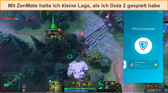 Screenshot eines Spiels von Dota 2, während ZenMate mit einem Server in den USA verbunden ist.