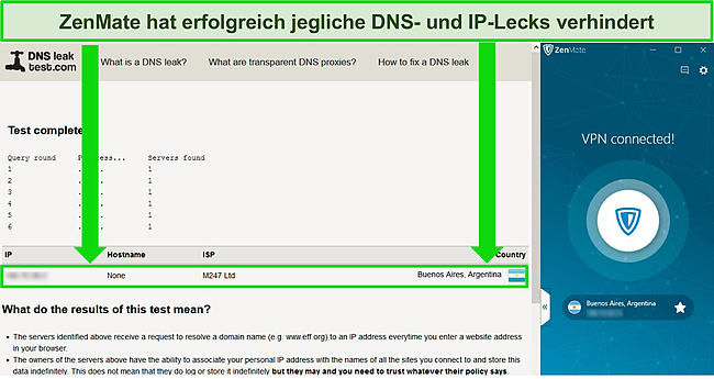 Screenshot eines DNS-Leak-Tests, der zeigt, wie ein Server in Argentinien erkannt wird, während ZenMate verbunden ist.