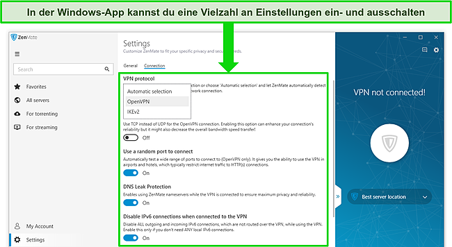 Screenshot der ZenMate Windows App und der Einstellungen.