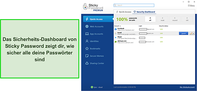 Sticky Password Security Dashboard.