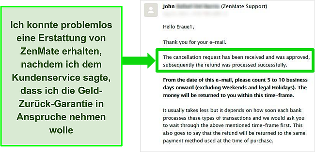 Screenshot eines E-Mail-Gesprächs mit dem Kundensupport-Team von ZenMate, das eine Rückerstattung mit Geld-zurück-Garantie genehmigt hat.