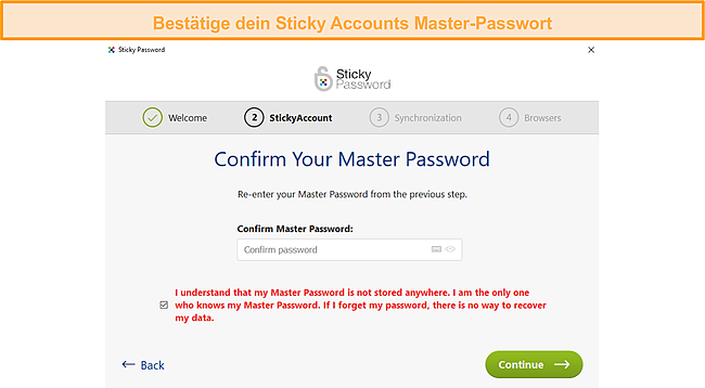 Bestätigen des StickyAccount-Master-Passworts.