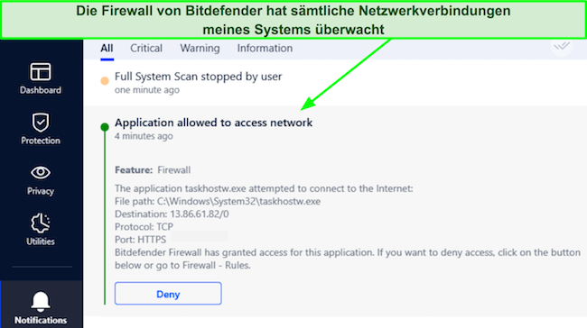 Screenshot, der die Firewall von Bitdefender zeigt, die eine Verbindung zulässt