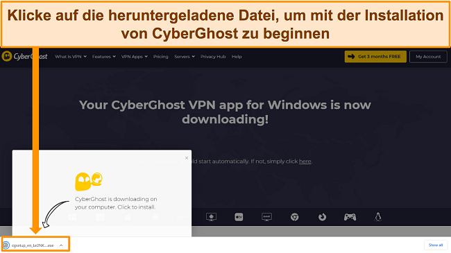 Screenshot der CyberGhost-App, die auf ein Windows-Gerät heruntergeladen wird.