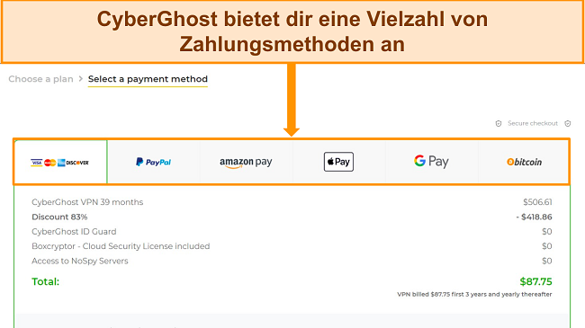 Holen Sie sich die kostenlose Testversion von CyberGhost und wählen Sie eine Zahlungsmethode aus