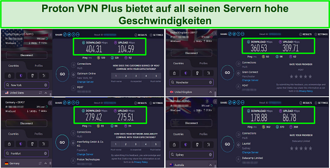 Screenshot von Proton VPN-Geschwindigkeitstests mit Servern in den USA, Großbritannien, Deutschland und Australien