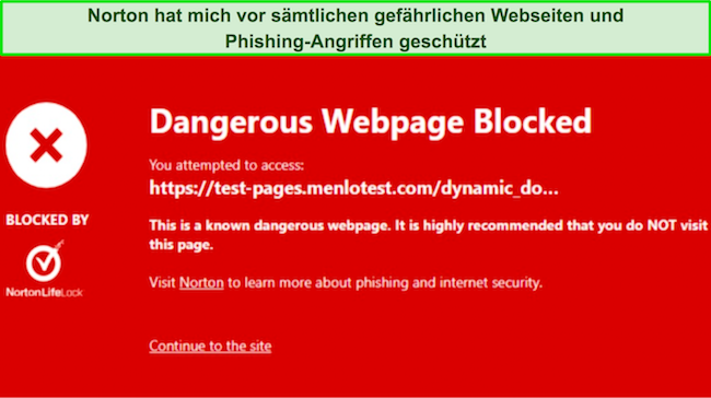 Screenshot der Norton Safe Web-Browsererweiterung, die eine bösartige Website blockiert