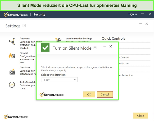 Screenshot der Silent-Mode-Funktion von Norton LifeLock