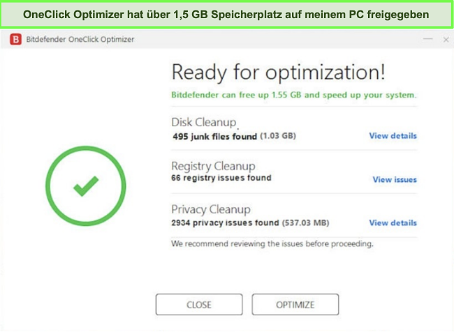 Screenshot des OneClick Optimizer-Tools von Bitdefender