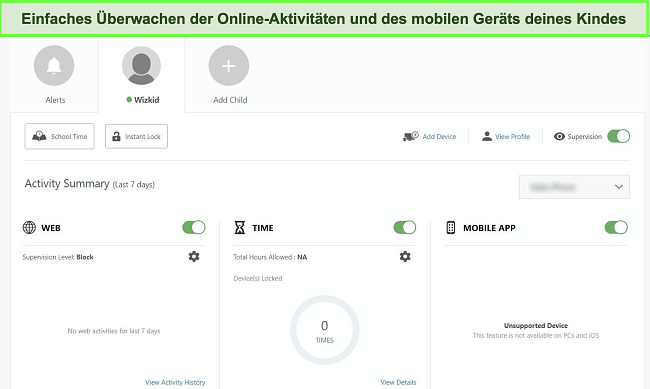 Screenshot von Nortons Kindersicherungs-Dashboard