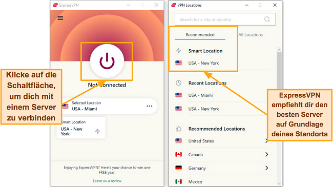 Screenshot der ExpressVPN-Verbindungsseiten und der Serverliste