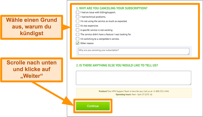 Screenshot von IPVanish Cancellation Reason auf dem Desktop