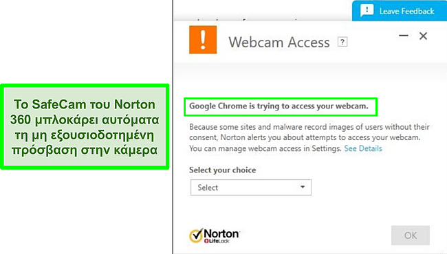 Στιγμιότυπο οθόνης του Norton που εμποδίζει την προσπάθεια πρόσβασης του Google Chrome στην κάμερα web.