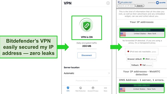 Screenshots of Bitdefender's iOS VPN connected to a server, with the results of a data leak test showing no leaks.