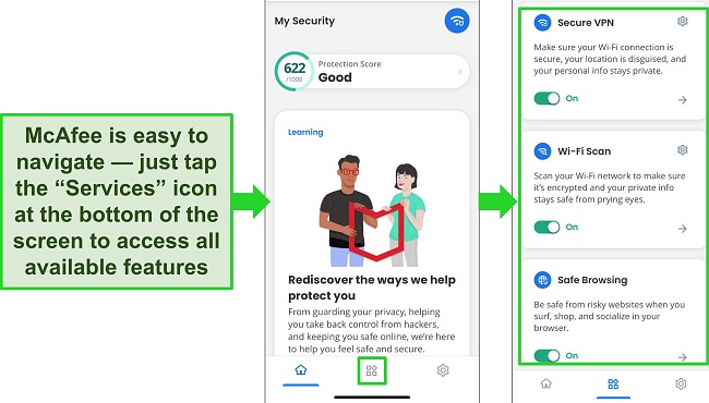Screenshots of McAfee's iOS app, showing how to navigate from the home screen to the features options.
