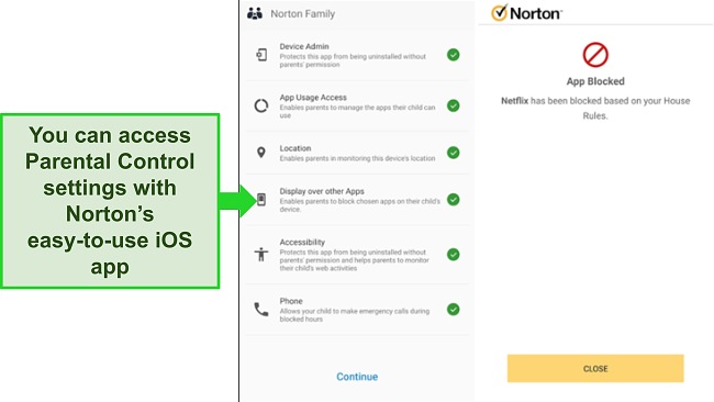 Screenshots of Norton's Parental Control settings for iOS.
