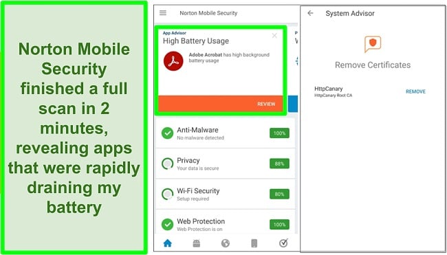 Screenshot of a scan on Android using Norton Mobile Security