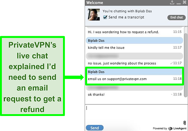 Screenshot of refund enquiry made via PrivateVPN's live chat system.