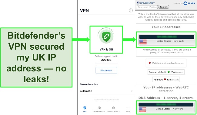 Screenshot showing Bitdefender's iOS VPN feature and the results of an IP leak test showing no leaks.