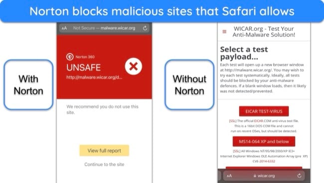 Screenshot of comparison between Norton blocking a malicious site and Safari allowing it