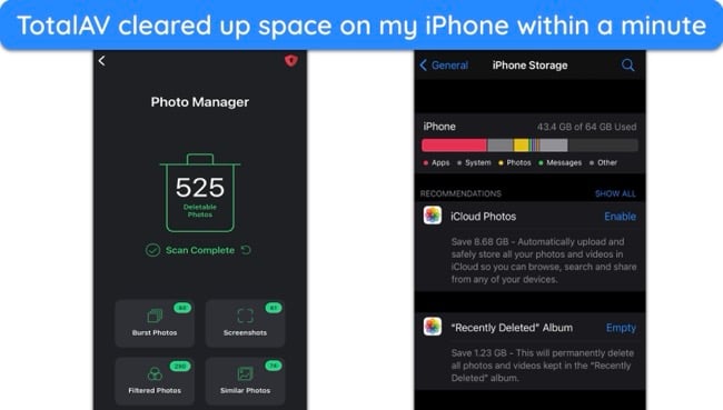 Screenshot of TotalAV freeing up space on an iPhone by identifying and deleting useless images