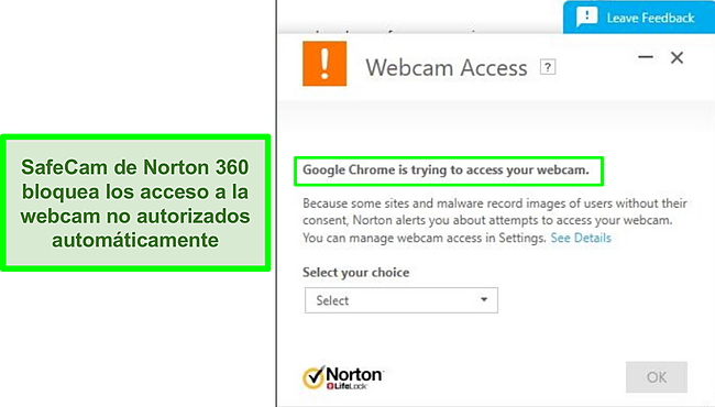 Captura de pantalla de Norton que bloquea el intento de Google Chrome de acceder a la cámara web.