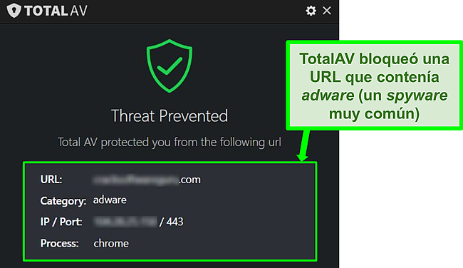 Captura de pantalla que muestra a TotalAV bloqueando una URL maliciosa que aloja software publicitario.