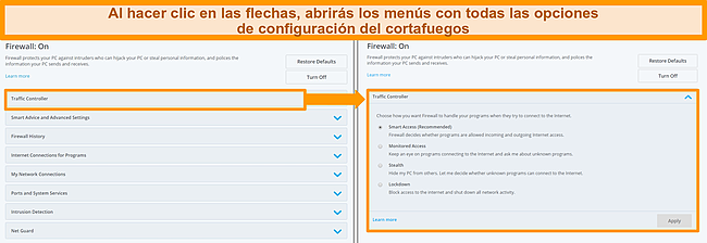 Captura de pantalla de las opciones de firewall de McAfee.