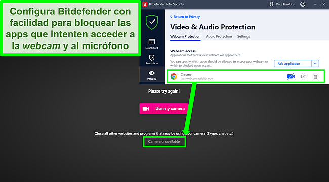 Captura de pantalla de Bitdefender que bloquea el acceso a la cámara web a un sitio web.