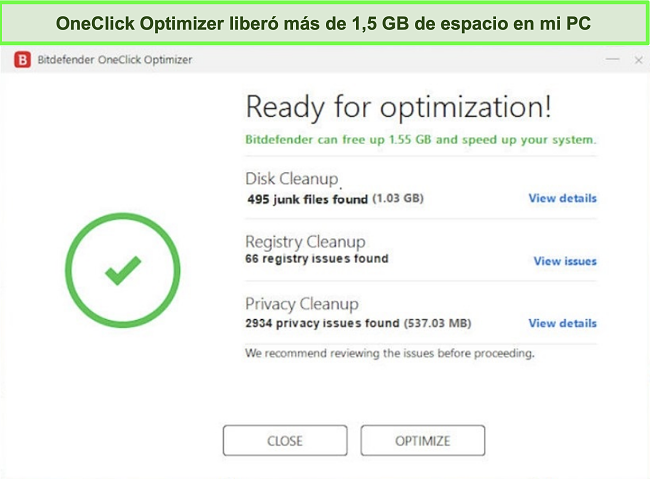 Captura de pantalla de la herramienta OneClick Optimizer de Bitdefender