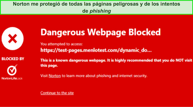 Captura de pantalla de la extensión del navegador Norton Safe Web que bloquea un sitio malicioso