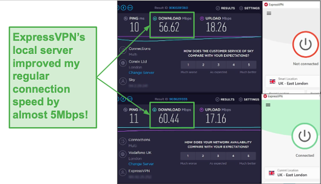 Screenshot of increase in speeds with ExpressVPN.