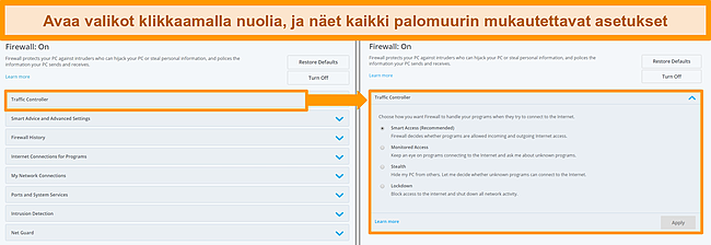 Näyttökuva McAfeen palomuurivaihtoehdoista.