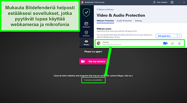 Näyttökuva siitä, kuinka Bitdefender estää verkkokameran pääsyn verkkosivustolle.