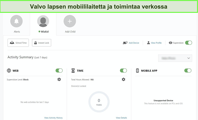 Näyttökuva Nortonin lapsilukon hallintapaneelista